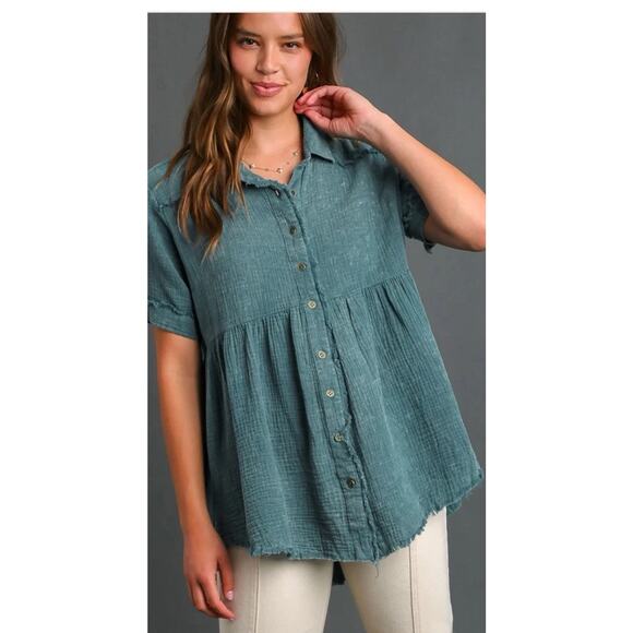 Umgee Tunic Top Sz XL Lagenlook Artsy Beach Raw Hem Guaze Blue Boho Loose Fit - Picture 2 of 12